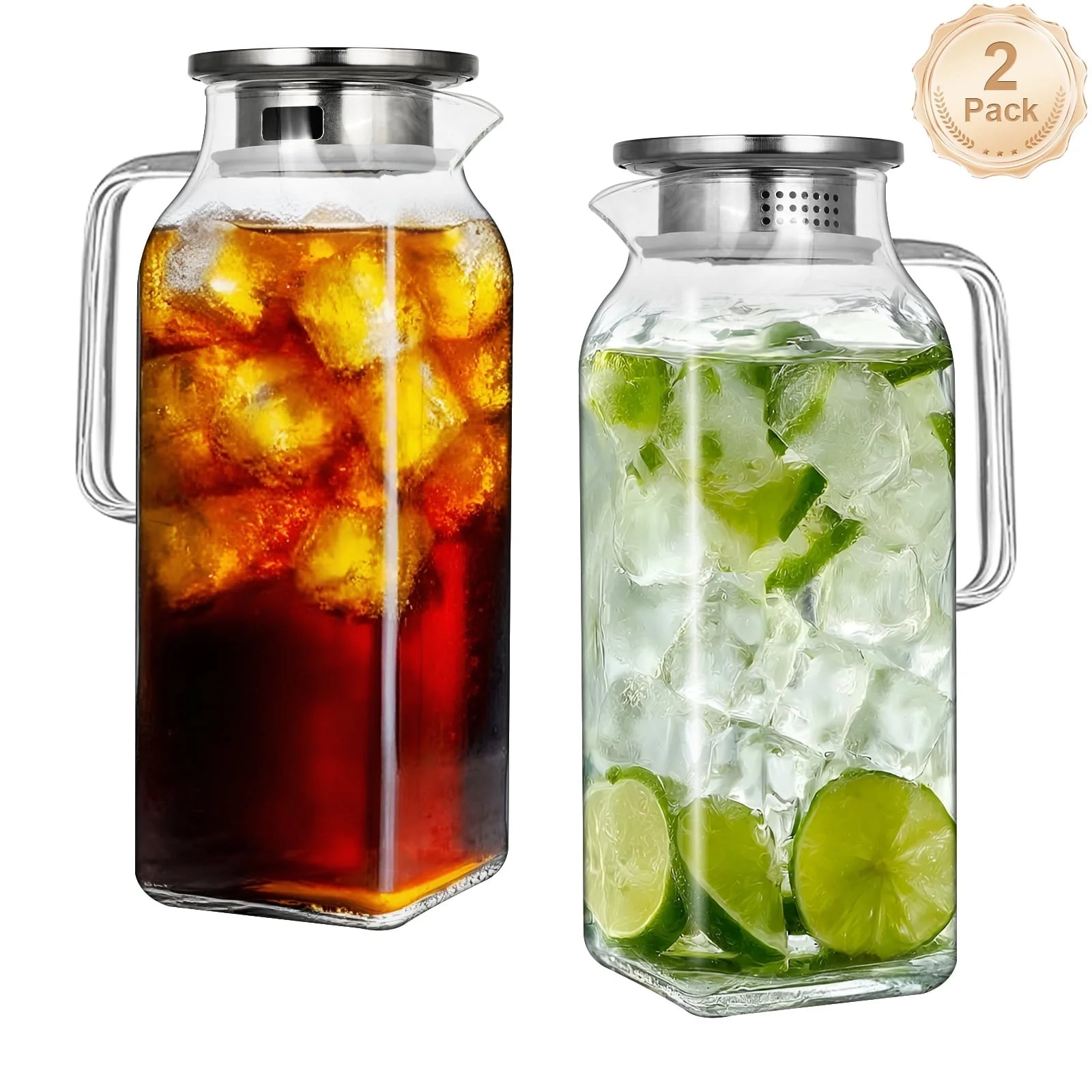 Soulgenix 2L Glass Pitcher, Square Glass Carafe with Stainless Steel Lid, 68 oz Carafe for Water,... | Walmart (US)
