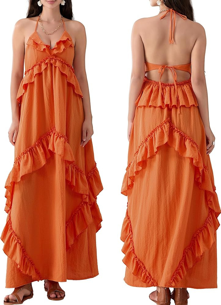 Women's Sleeveless Halter Neck Cami Long Dress Flowy Ruffle Tiered Elegant Maxi Dress Summer Swin... | Amazon (US)