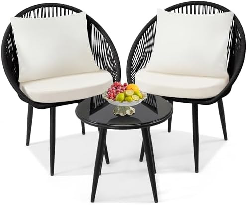 3 Pieces Bistro Set, Woven Rope Chair with Cushions, All Weather Patio Conversation Set and Side ... | Amazon (US)