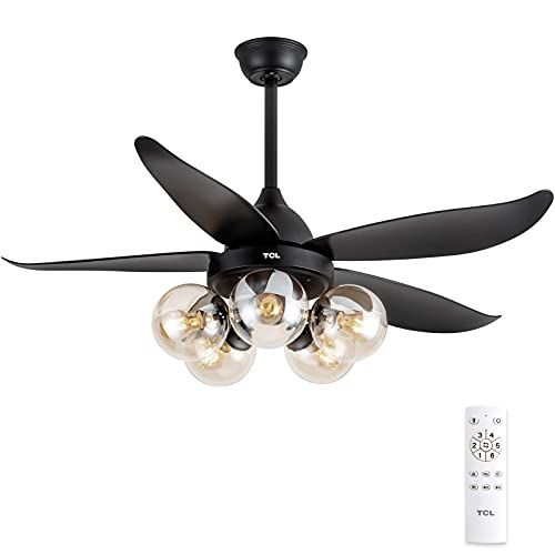 TCL 48" Black Ceiling Fan with Lights Remote Control, Classic Ceiling Fan with 5 glass lampshades fo | Amazon (US)