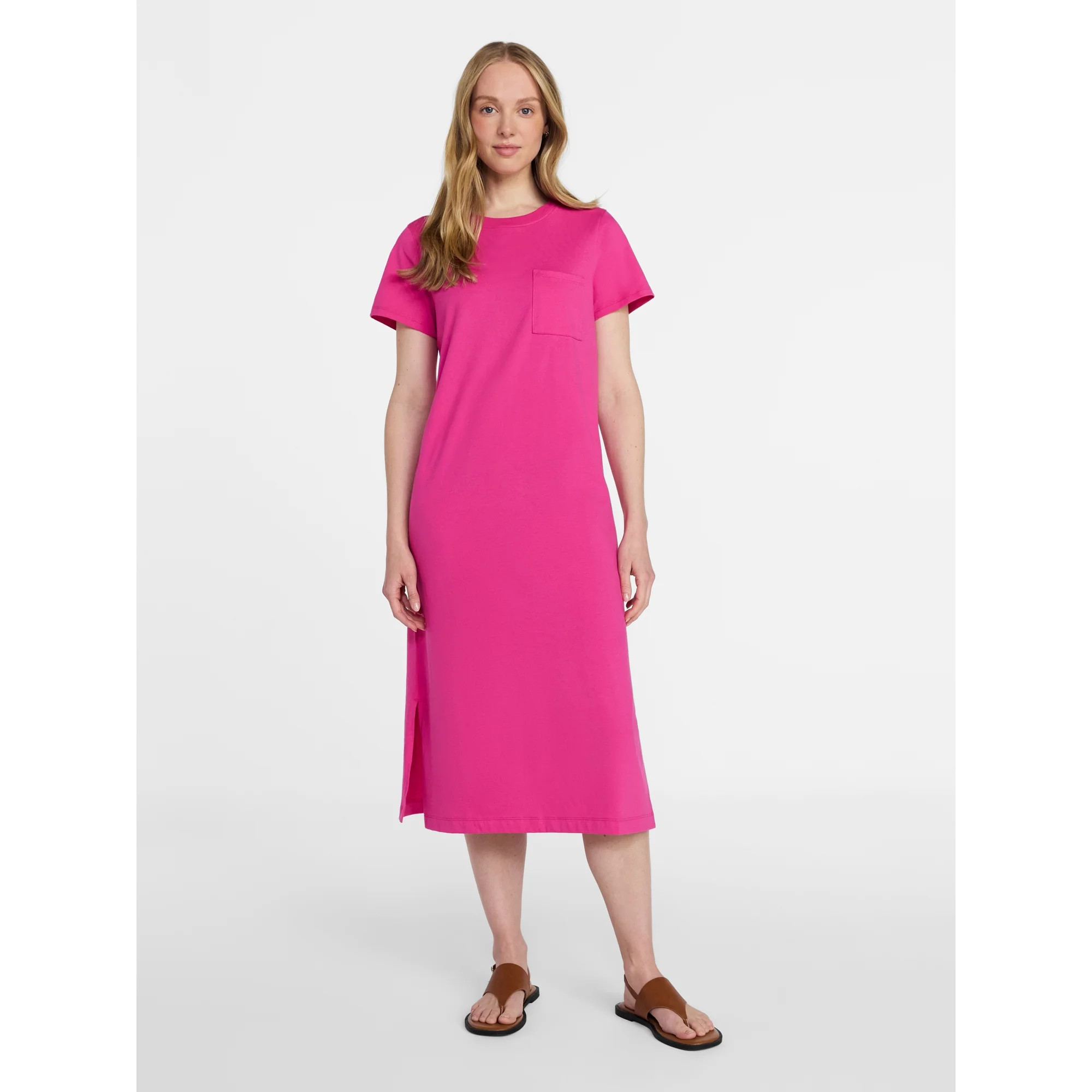 Time and Tru Women's Cotton Midi T-Shirt Dress with Short Sleeves, Sizes XS-XXXL | Walmart (US)