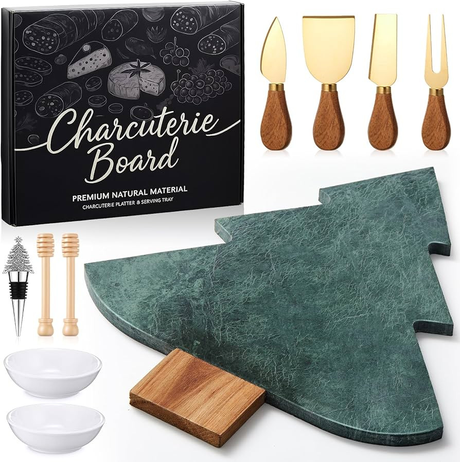 10 Pcs Christmas Tree Charcuterie Board Gift Set with Marble Wood Cutting Serving Tray Cheese Kni... | Amazon (US)
