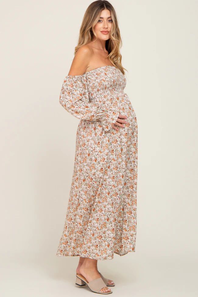 Taupe Floral Off Shoulder Long Sleeve Maternity Maxi Dress | PinkBlush Maternity