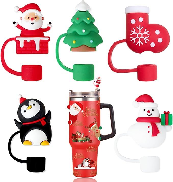 SEEZIZI 5 pcs Christmas Straw Covers Cap Toppers Compatible with Stanley 30&40 oz Tumbler Cups,Re... | Amazon (US)