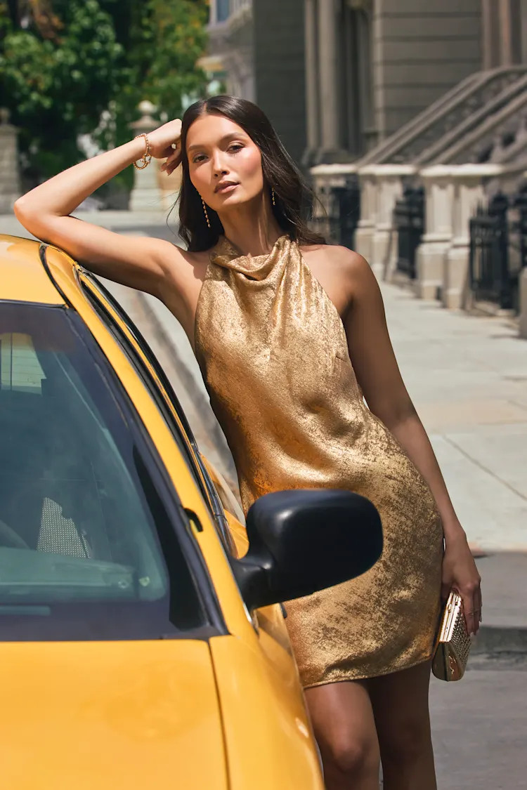 Dayna Gold Metallic Cowl Mini Dress | Lulus
