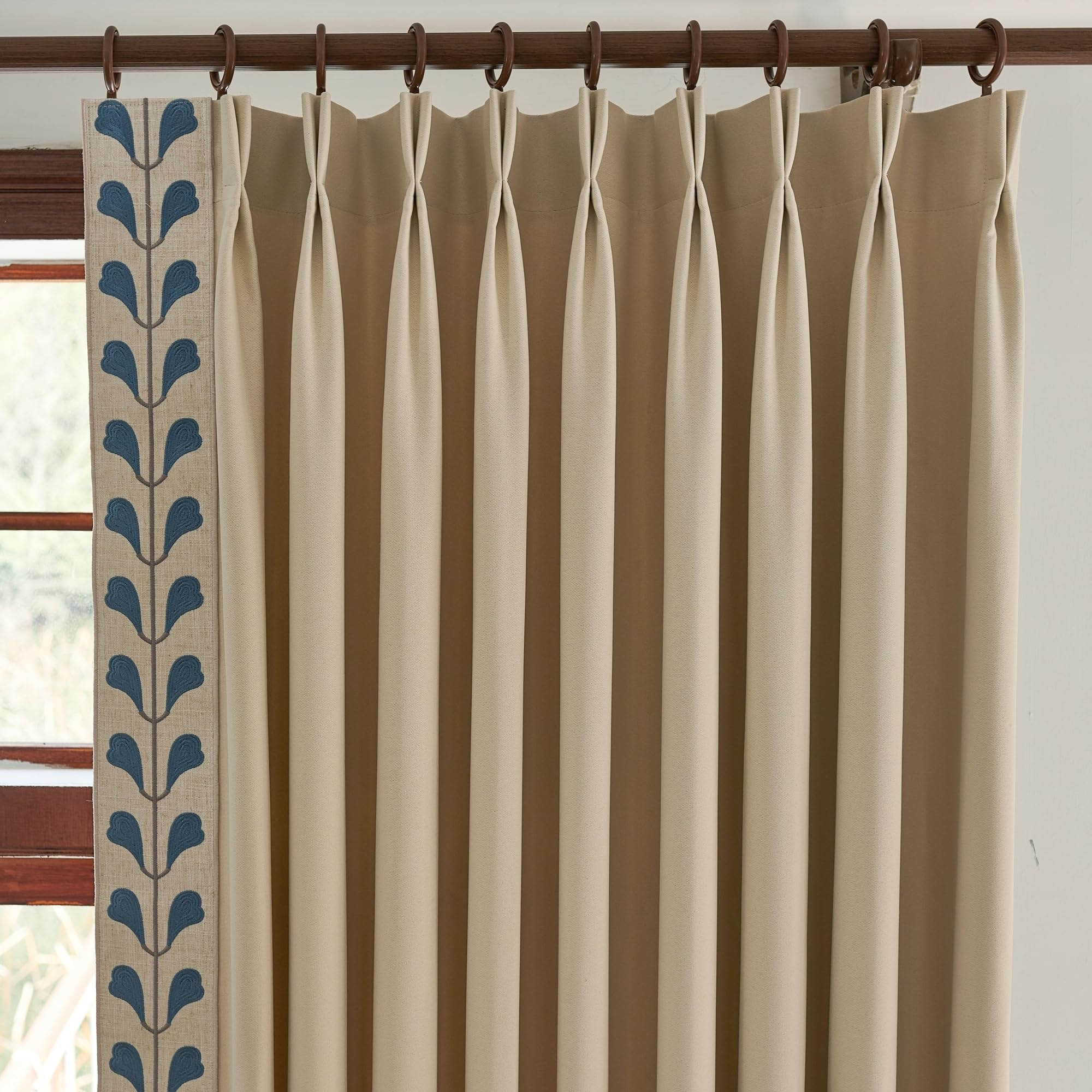 Cotton Linen Solid Colour Curtains, Beige Pinch Pleat Curtains with Embroidered Trim for Living Room, Sliding Patio Doors Bedroom (50Wx96L (Set of 2)) | Amazon (US)