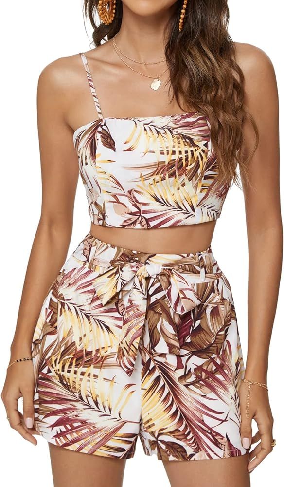 WEIYAN Women's Cami Crop Top and Shorts Set Two Piece Outfits Summer Sleeveless Floral Suits | Amazon (US)