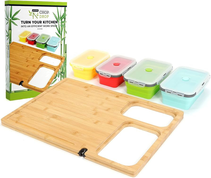 Slim Bamboo Over Sink Cutting Board for Kitchen w/4 Color Coded Collapsible Containers - Meal Pre... | Amazon (US)