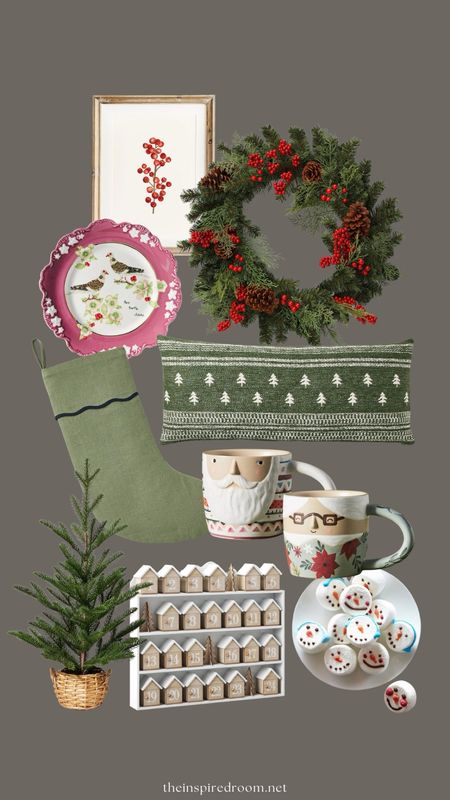 Christmas decor - Santa and Mrs claus mugs, 12 days of christmas plate, wood house advent calendar, snowman marshmallows, faux wreath with red berries, red berry art print, faux tree in rattan basket, tree pillow

#LTKSeasonal #LTKhome #LTKHoliday