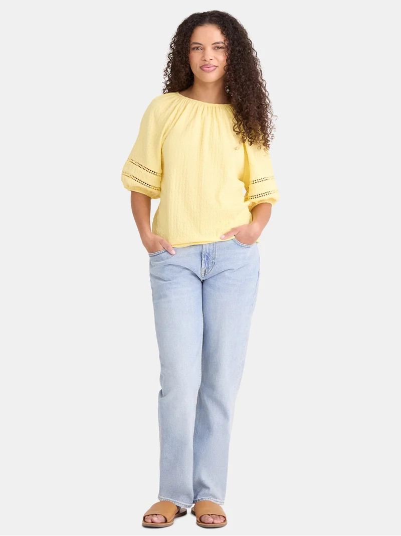 Time and Tru Women's Lace Trim Top with Puff Sleeves, Sizes XS-XXXL | Walmart (US)