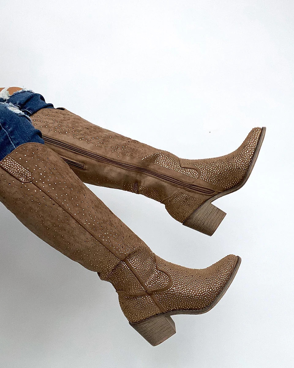 Dolly Rhinestone Cowboy Tall Boots- Taupe | Willow Boutique