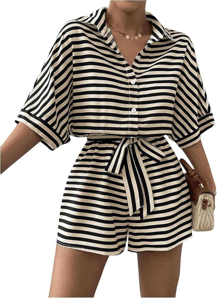Milumia Women's Colorblock Striped Print Jumpsuit Bat Wing Sleeve Knot Romper | Amazon (US)