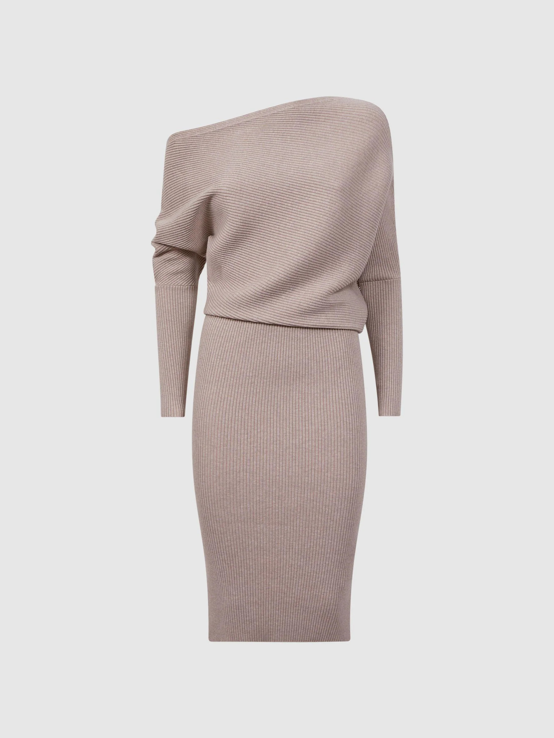 Reiss Reiss Neutral Lara Off-The-Shoulder Ribbed Midi Dress | Next US