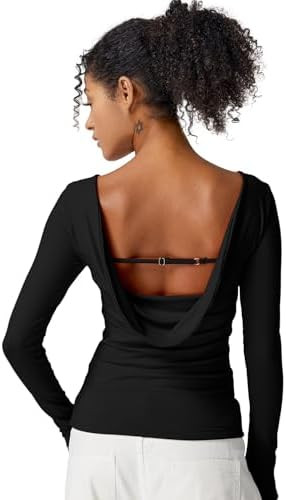 QINSEN Women's Cowl Back Long Sleeve Shirts Boat Neck Double Lined Going Out Tops Stretchy Fitted... | Amazon (US)