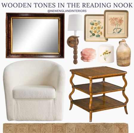New England Interiors • Wooden Tones In The Reading Nook • Mirror, Chair, Table, Lighting, Rug, Floral Art, Decor & Accessories, Candle. 🌼📚

TO SHOP: Click the link in bio or copy and paste link in web browser 

#newengland #reading #nook #books #home #florals 

#LTKhome #LTKFind