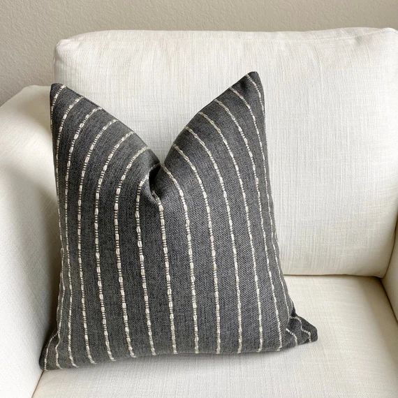 Read the full title
    Dark Gray, White and Gray Striped Throw Pillow Cover, Made in USA Farmhou... | Etsy (US)