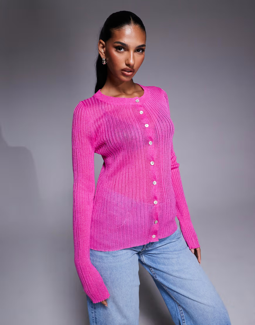 ASOS DESIGN lightweight sheer rib knit cardigan in pink | ASOS (Global)