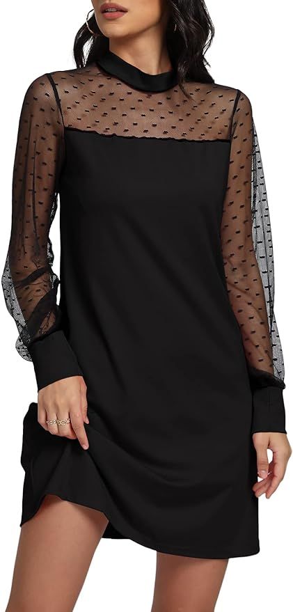 LYANER Women's Polka Dots Mesh Long Sleeve Mock Neck Elegant Tunic Mini Dress | Amazon (US)