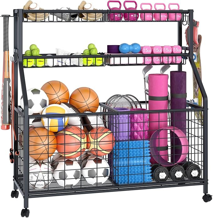 Ball Storage Rack Large Sports Equipment Garage Organizer Cart, Ball Rack for Basketball,Baseball... | Amazon (US)