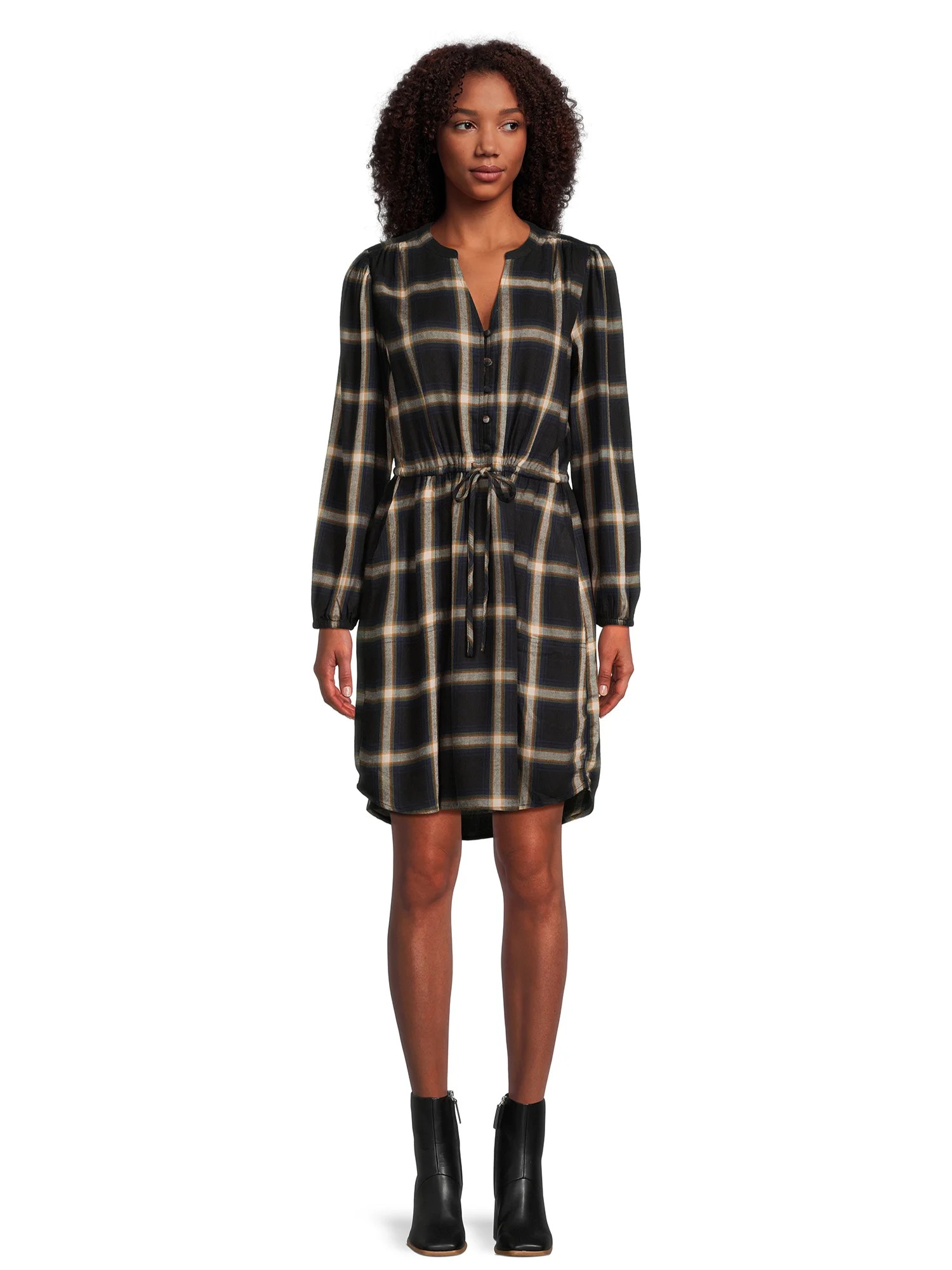 Time and Tru Women's Long Sleeve Drawstring Dress | Walmart (US)