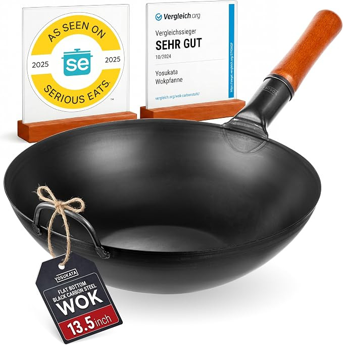 YOSUKATA 13.5" Carbon Steel Wok Pan – Pre-Seasoned Flat Bottom Pow Wok for Stir Fry, BBQ, Grill... | Amazon (US)