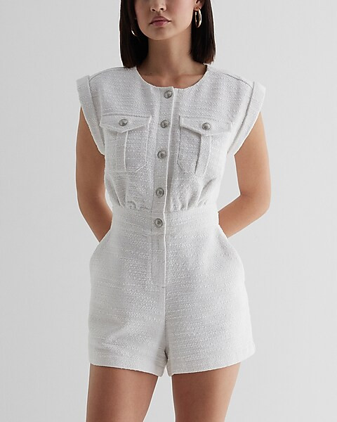 Boucle Tweed Sleeveless Utility Romper | Express