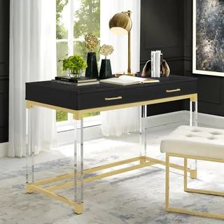 Alvaro High Gloss Writing Desk with Acrylic Legs and Metal Base - Black-Gold | Bed Bath & Beyond