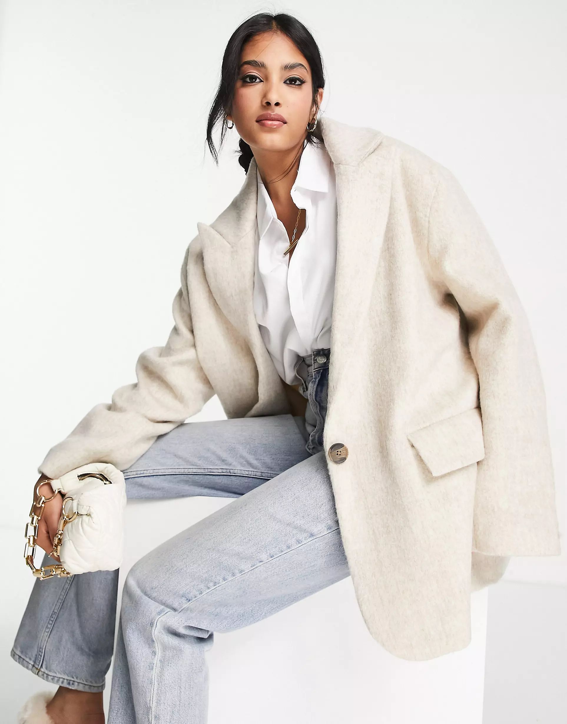 ASOS DESIGN oversized grandad wool mix jacket in cream | ASOS (Global)