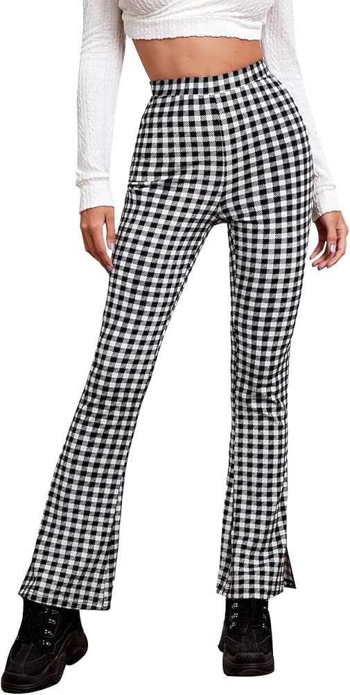 SOLY HUX Women's Plaid High Waisted Flare Leg Pants Stretchy Elastic Waist Fit Casual Fashion Tro... | Amazon (US)