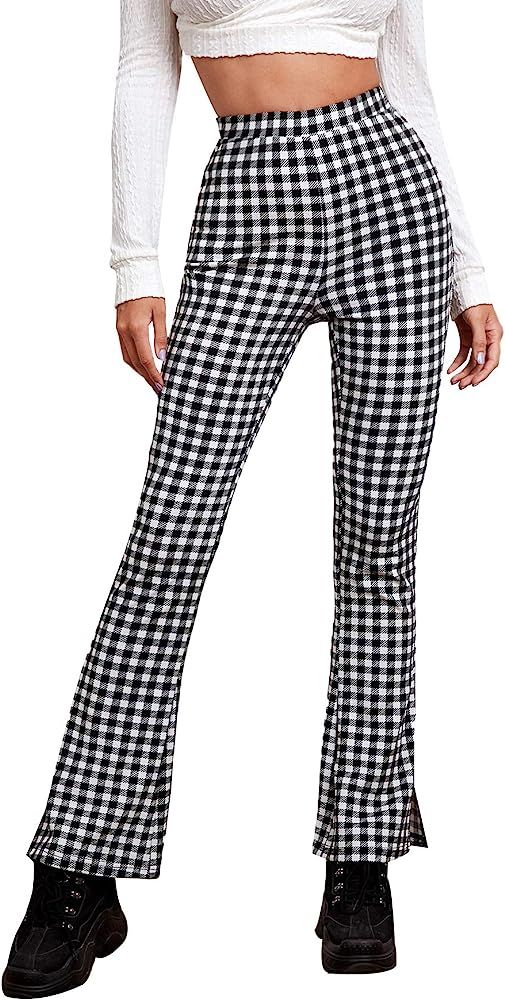 SOLY HUX Women's Plaid High Waisted Flare Leg Pants Stretchy Elastic Waist Fit Casual Fashion Tro... | Amazon (US)