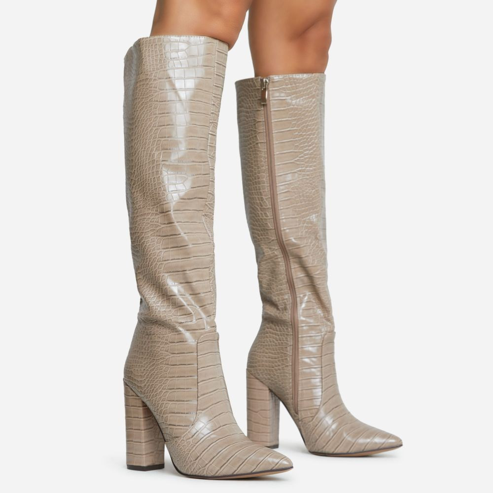Charlie Pointed Toe Block Heel Knee High Long Boot In Nude Croc Print Faux Leather | EGO Shoes (US & Canada)