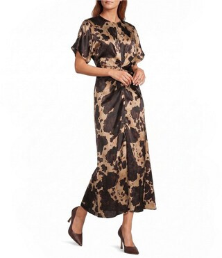 Antonio Melani Gabriella Satin Ruched Jewel Neck Short Sleeve Flounce Midi Dress -  6 | Dillard's