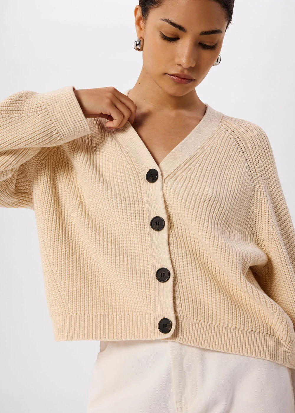 Ivory Petite V Neck Cotton Cardigan | WHISTLES | Whistles UK | | Whistles