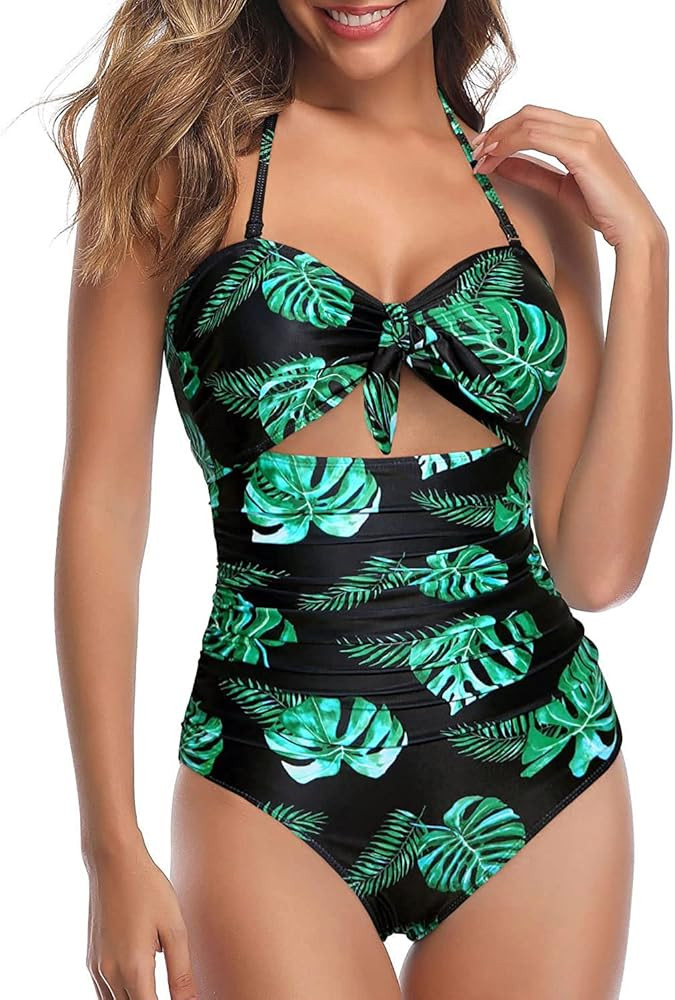 Tempt Me Women Sexy Cutout One Piece Swimsuits Tummy Control High Waisted Halter Front Tie Kn... | Amazon (US)