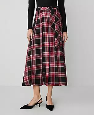Petite Plaid Tie-Waist Pleated Midi Skirt | Ann Taylor (US)