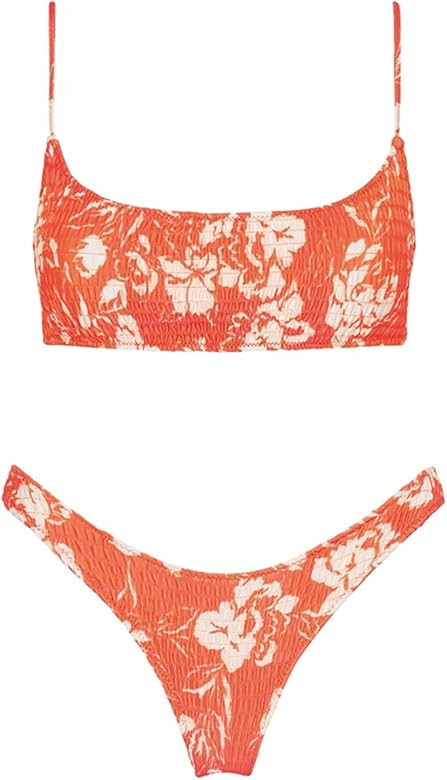 VOLAFA Women's Triangle Bikini Smocked Textured Scoop Frilled Print Ruched Elastic Swimsuit Two P... | Amazon (US)