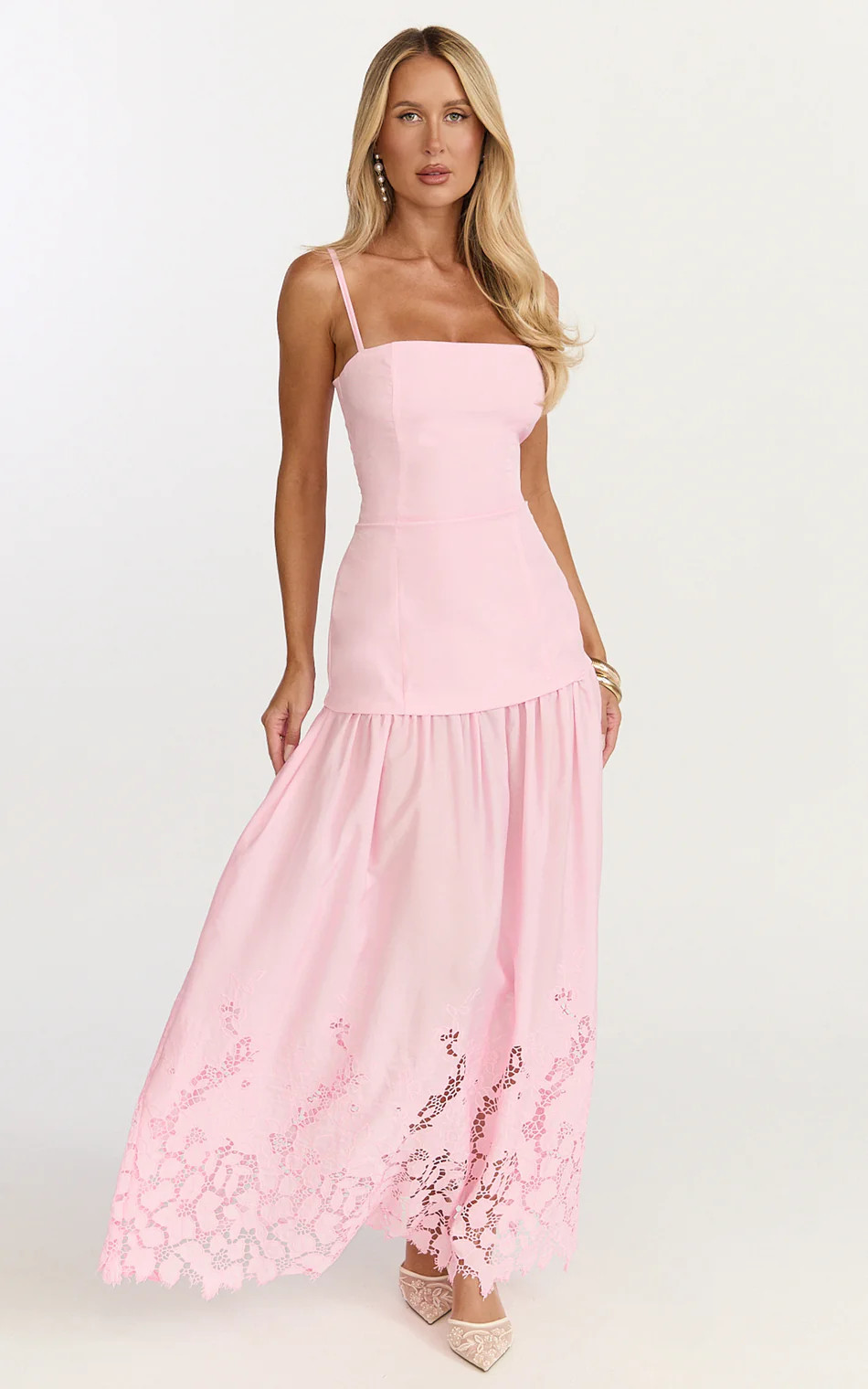 Straight Neck Broderie Cut Out Hem Dress in Pink | Showpo (US, UK & Europe)