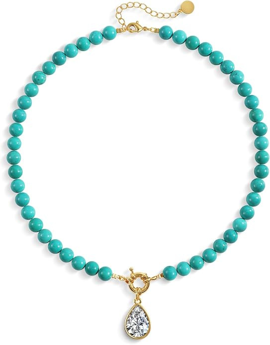 Beaded Gemstone Necklaces for Women Boho Beaded Choker Necklace CZ Diamond Water Drop Pendant Nec... | Amazon (US)
