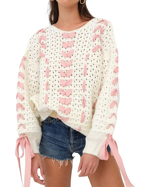 FindThy Women’s Y2K Ribbon Knitted Sweater Cute Long Sleeve V Neck Bowtie Cardigan Jumper | Amazon (US)
