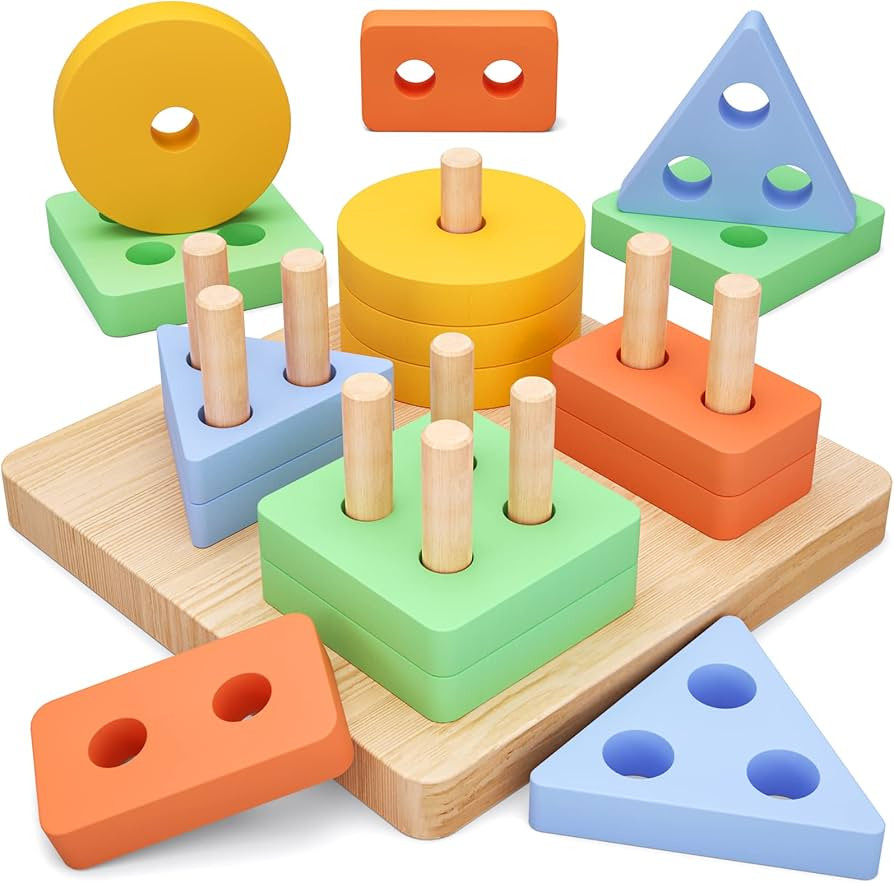 Montessori Toys for 1 2 Year Old, 7" Large Wooden Sorting and Stacking Toys, Color Recognition Sh... | Amazon (US)