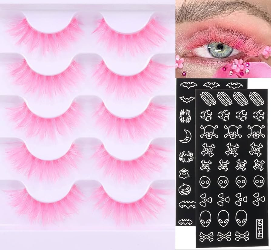 Pink Colored Lashes Cat Eye Halloween Custome Pink Lashes Color Clear Band Faux Mink Eyelashes Fl... | Amazon (US)