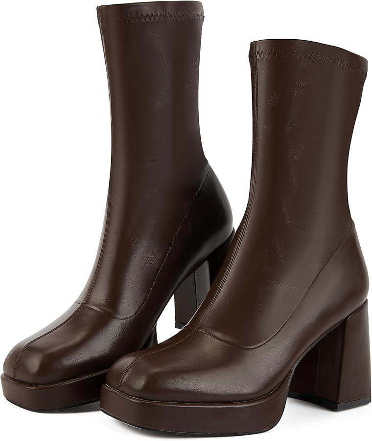Putu Platform Boots for Women,GoGo Boots,Square Toe Chunky Heel Ankle Boots Pull on Booties | Amazon (US)