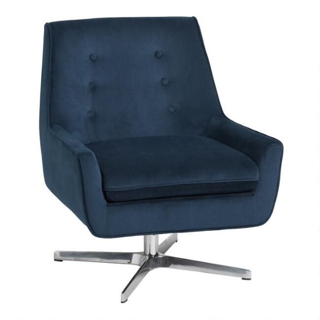 Ink Blue Velvet Brooks Swivel Chair | World Market