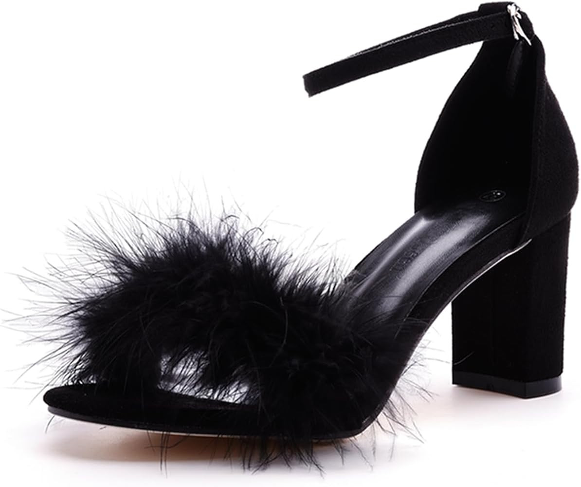 Beauty Admire 3 Inches Women's Ankle Strap Fluffy Feather Ankle Strap Block Heels Sandals Open To... | Amazon (US)