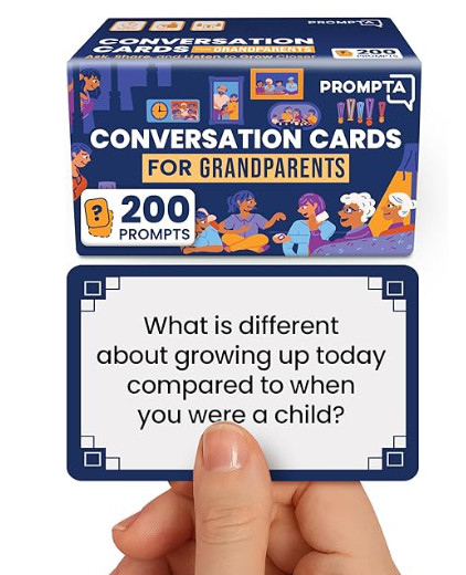 gift idea for grandparents!

200 Conversation Starters for Grandparents – Thoughtful Gifts for Seniors – Family Games for Kids and Elders to Connect and Share – 3.5” x 2.5” Sized Cards – Get to Know Your Elderly arrives before Christmas. gift ideas for grandma grandpa family time 

 