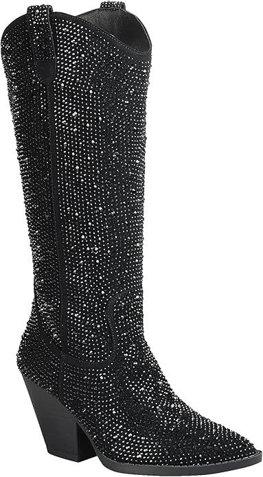 Forever Women Rhinestone Western Cowboy Pointed Toe Knee High Pull-on Boots | Amazon (US)