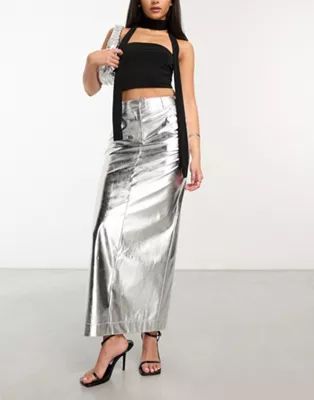 4th & Reckless metallic maxi skirt in silver | ASOS (Global)
