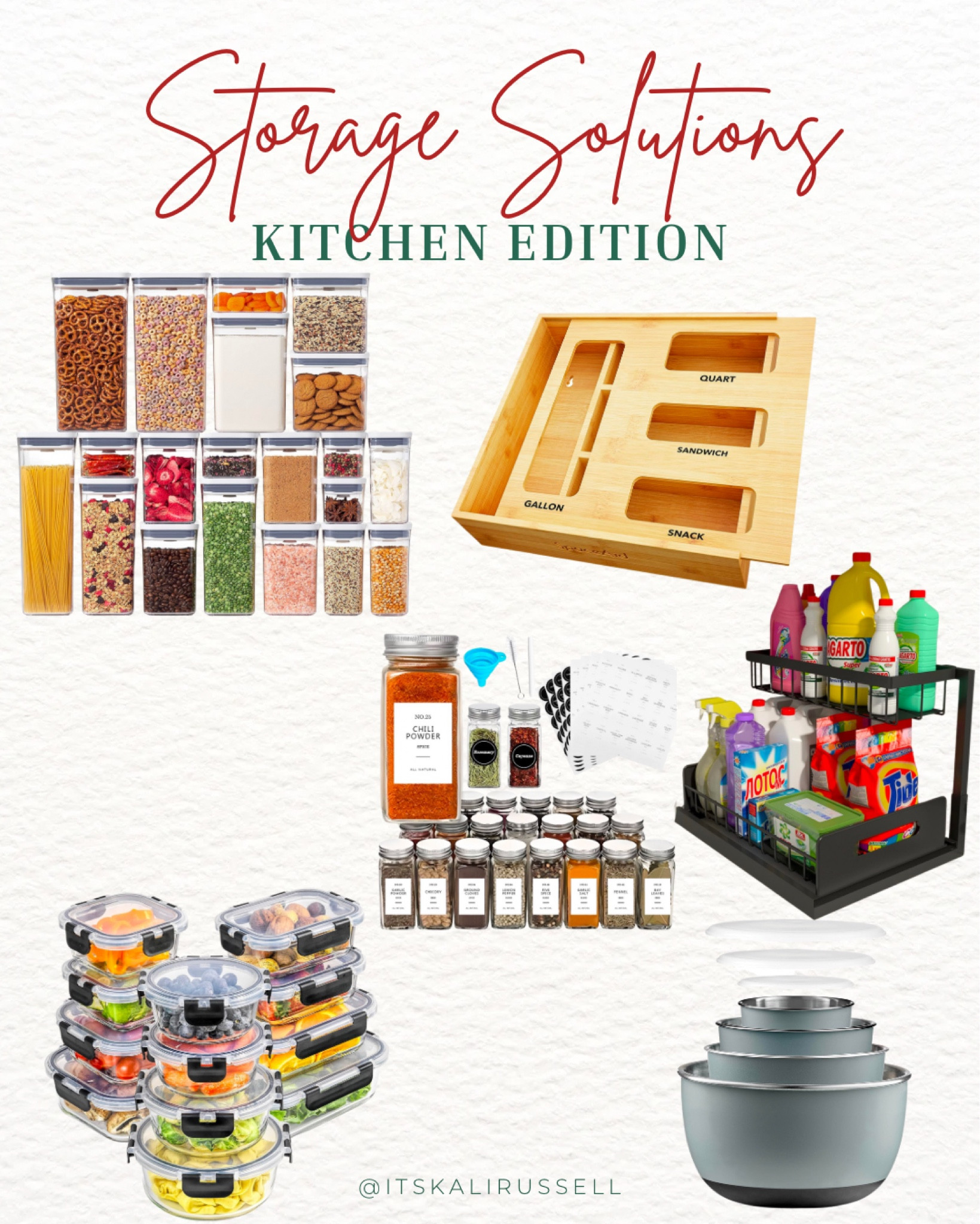 Kitchen storage and organization 
Food containers 
Under the sink organizer 
Nesting bowls 
Ziplock baggie storage box 
Spice organizer with labels 

#LTKfamily #LTKhome #LTKfindsunder50