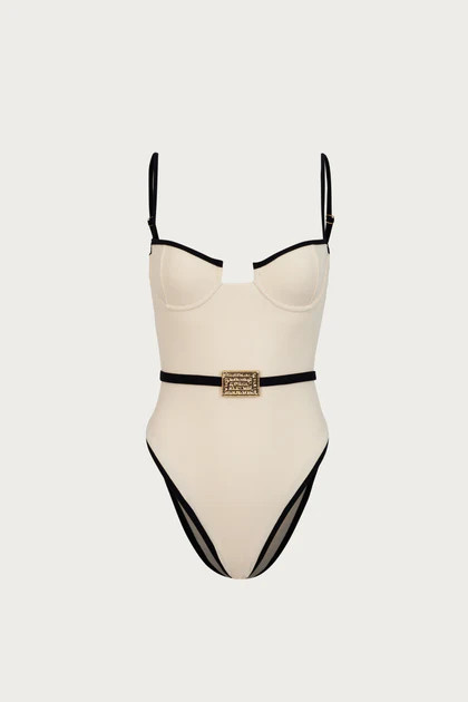 Belted One Piece (Faux Suede Cream/Black) | SAME