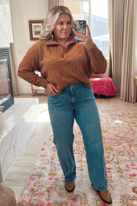 curvy fall outfit! wearing size xl in cropped caramel sweater and size 32 in 90s loose denim! 

#LTKunder100 #LTKSeasonal #LTKcurves